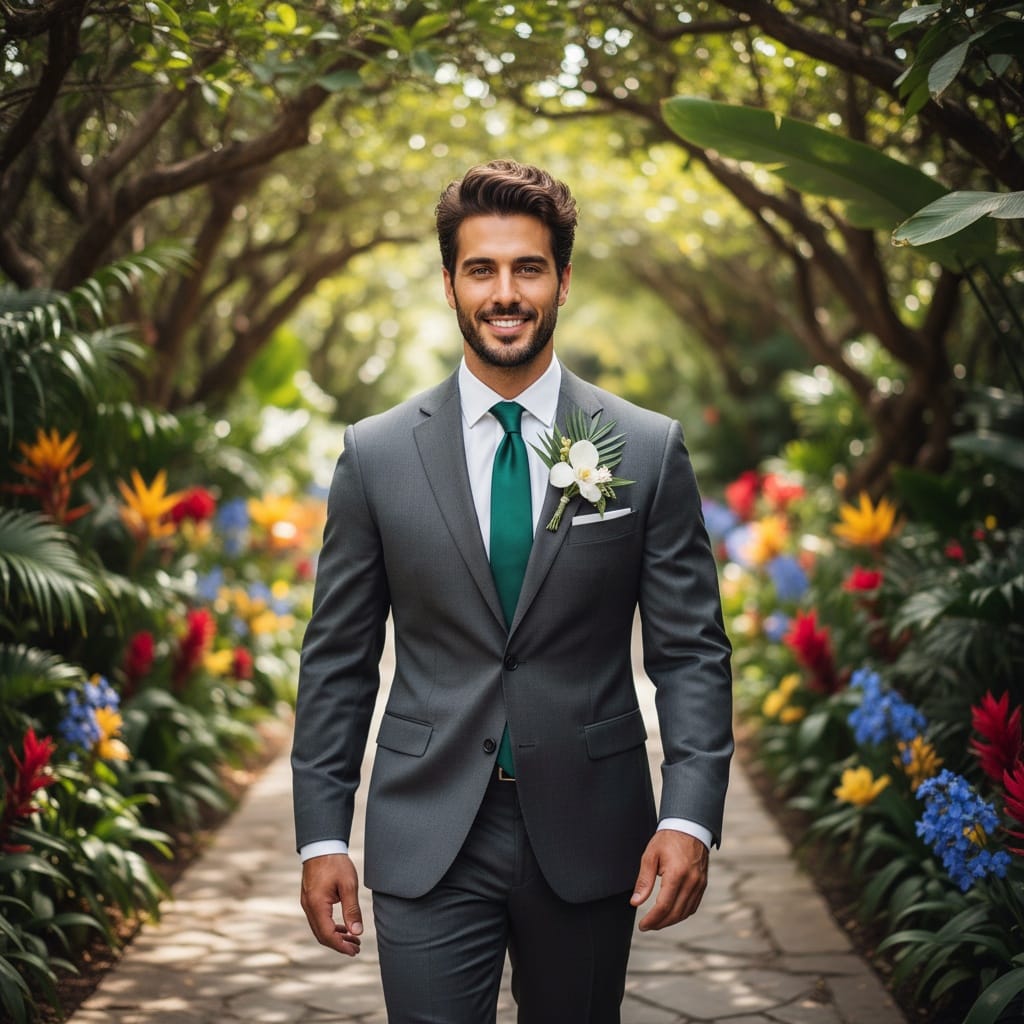 athletic middle_eastern man tropical garden ceremony walk 99302926