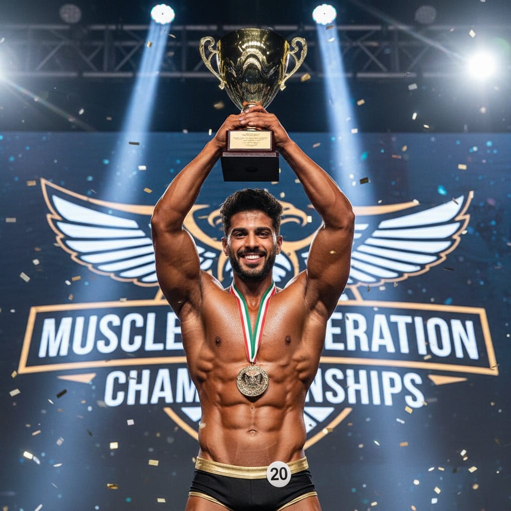 athletic middle_eastern man victory pose trophy celebration 53691298