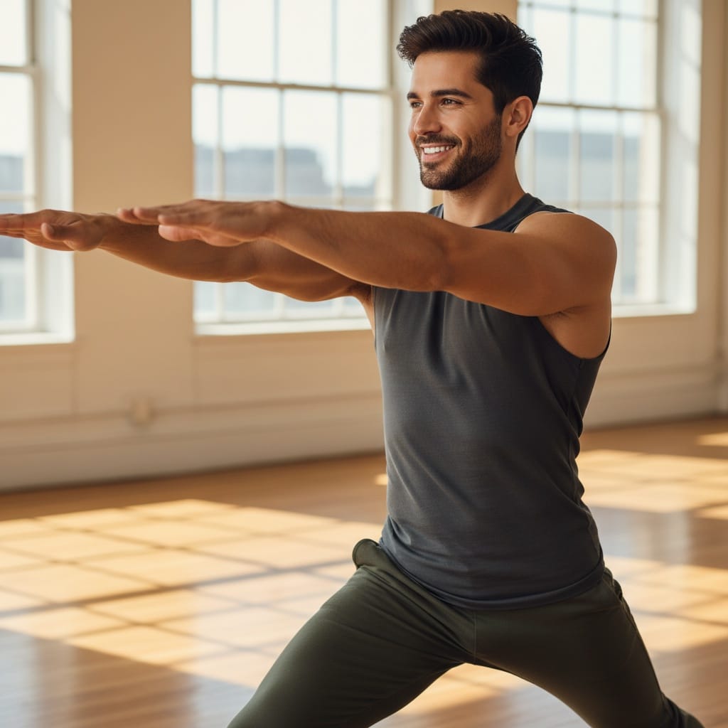 athletic middle_eastern man warrior pose demonstration 49853357