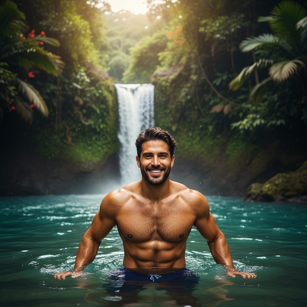 athletic middle_eastern man waterfall swimming adventure 61178245