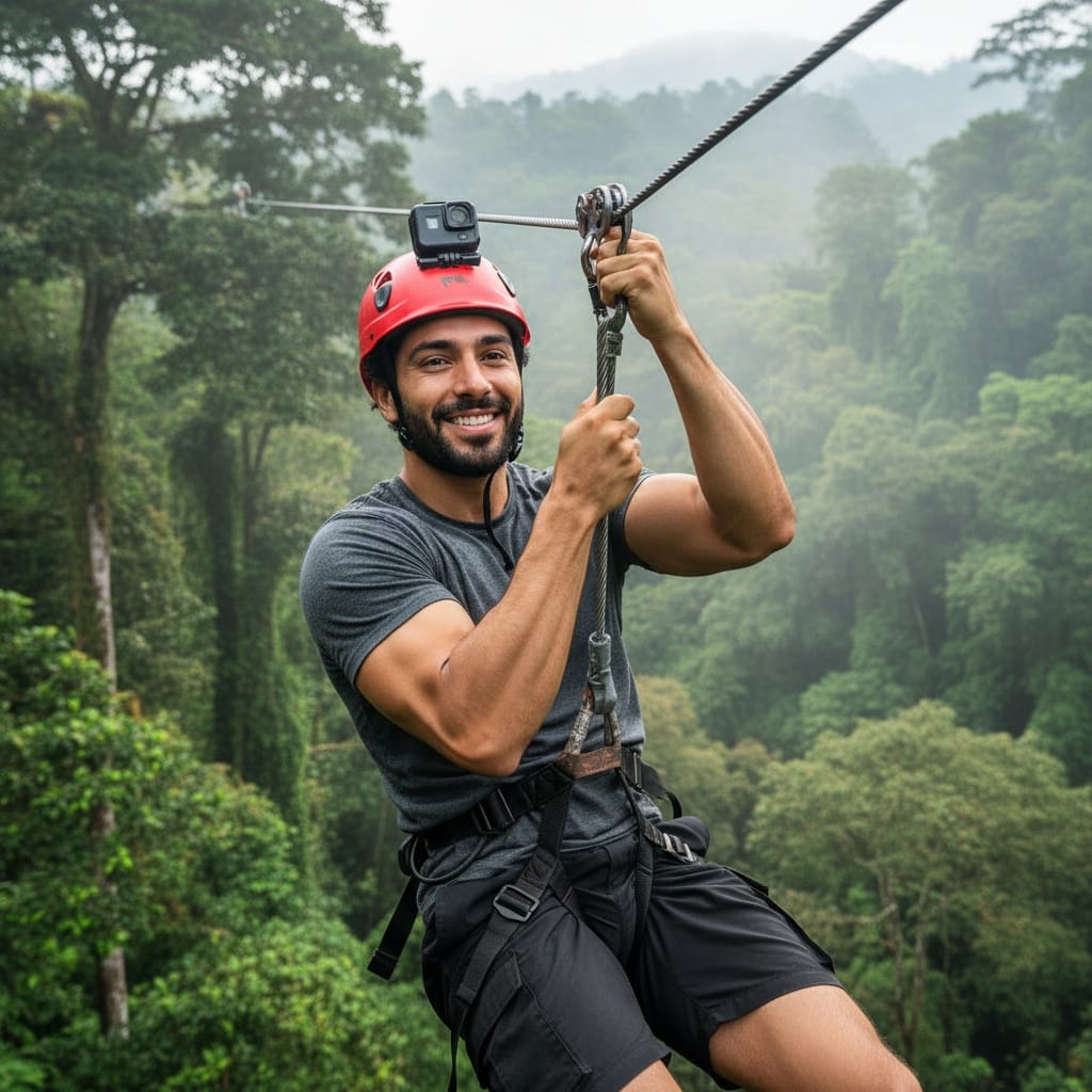 athletic middle_eastern man zip lining through rainforest canopy 15545727