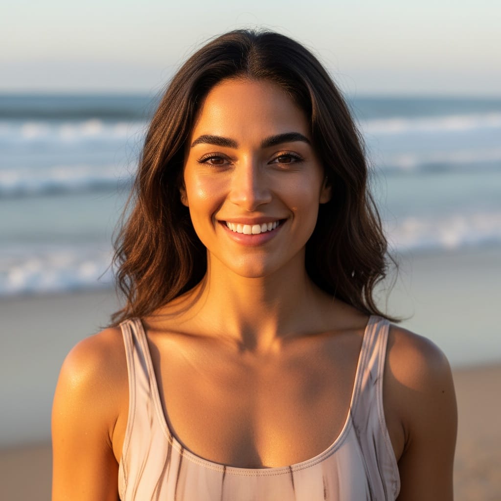 athletic middle_eastern woman beach golden hour portrait 51383795