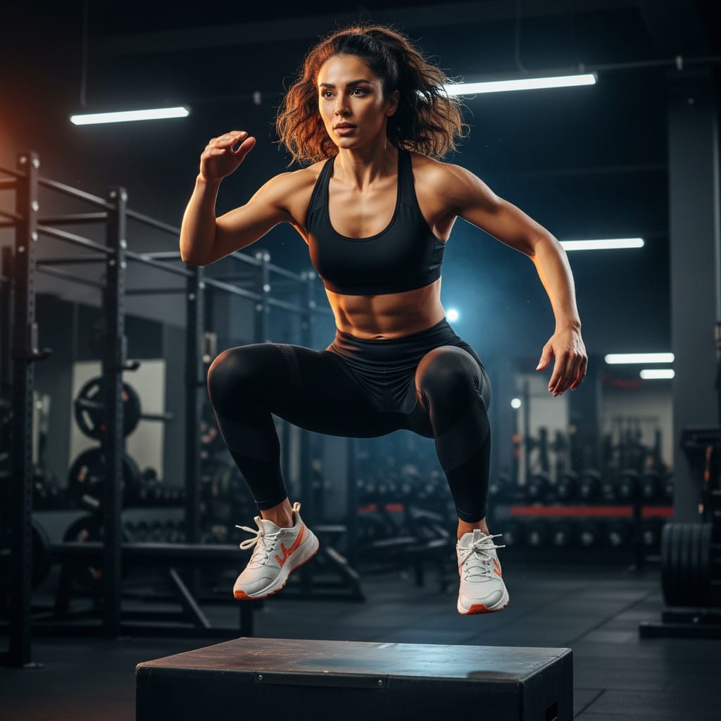 athletic middle_eastern woman box jump explosive action 18942468