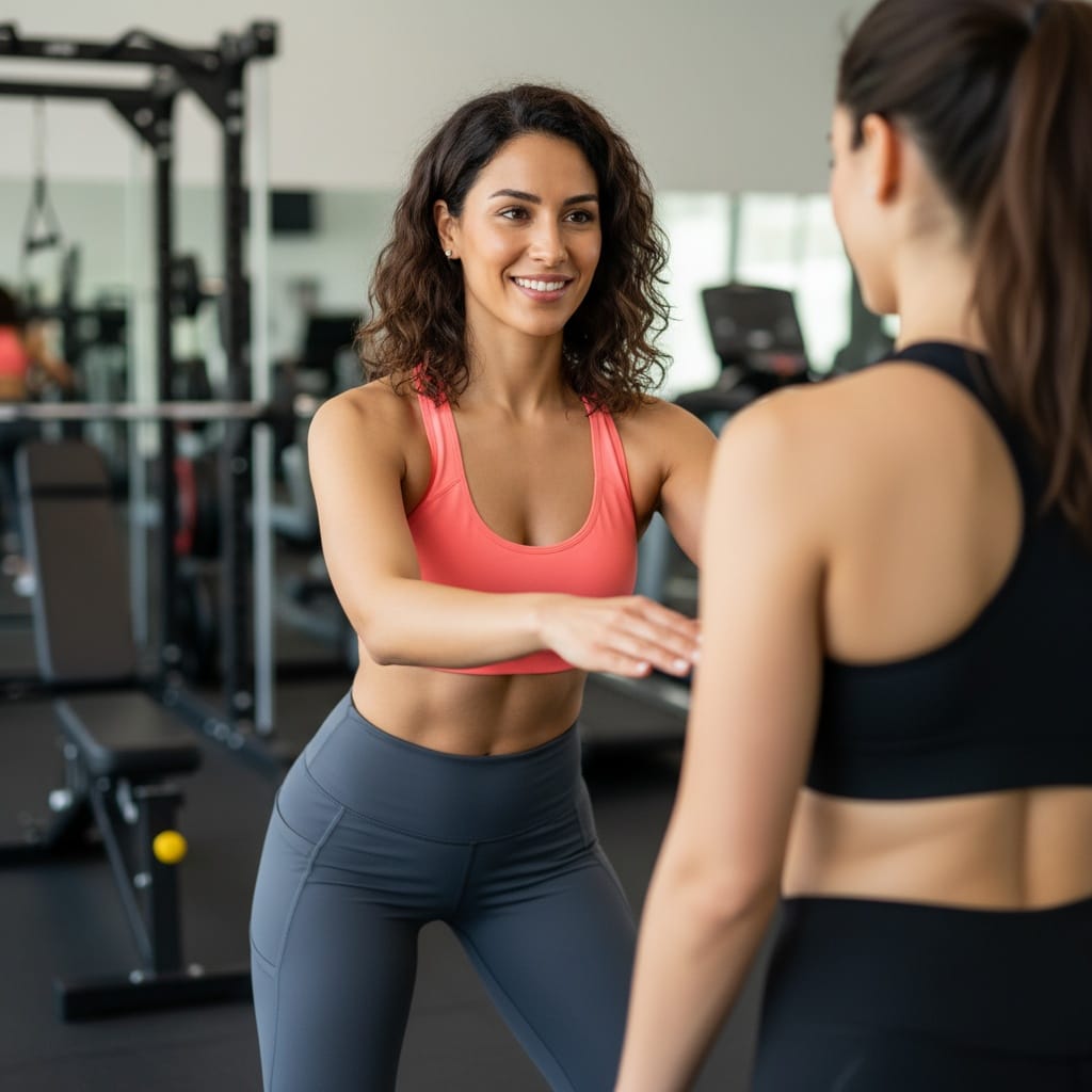 athletic middle_eastern woman gym floor training client 16218861