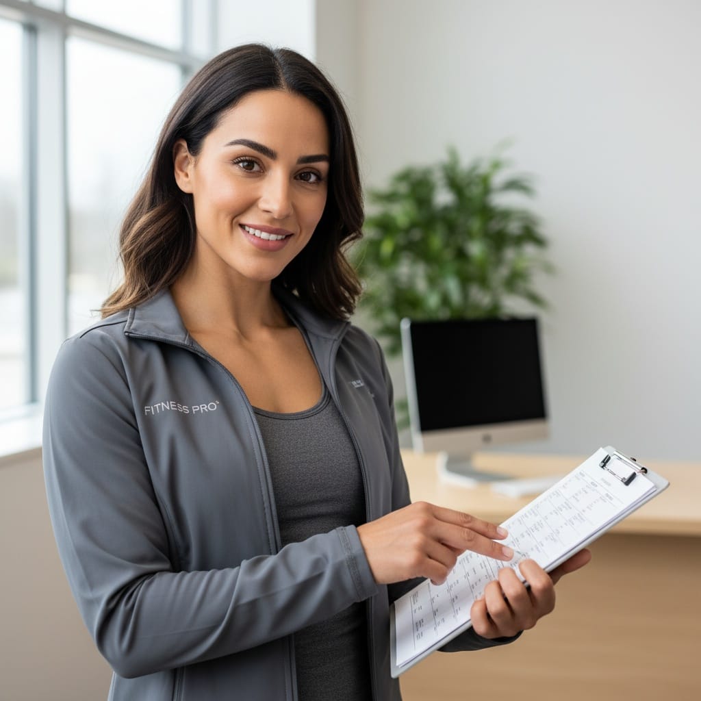 athletic middle_eastern woman holding clipboard consultation 53474955