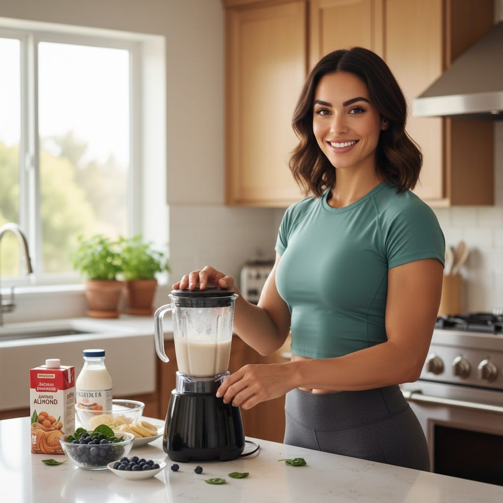 athletic middle_eastern woman kitchen protein shake prep 34259252