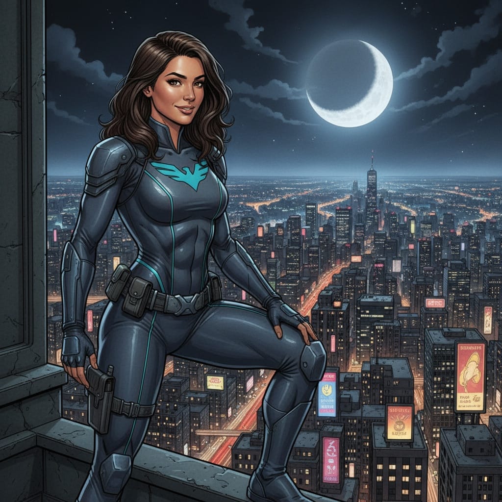 athletic middle_eastern woman night city patrol scene 97545802