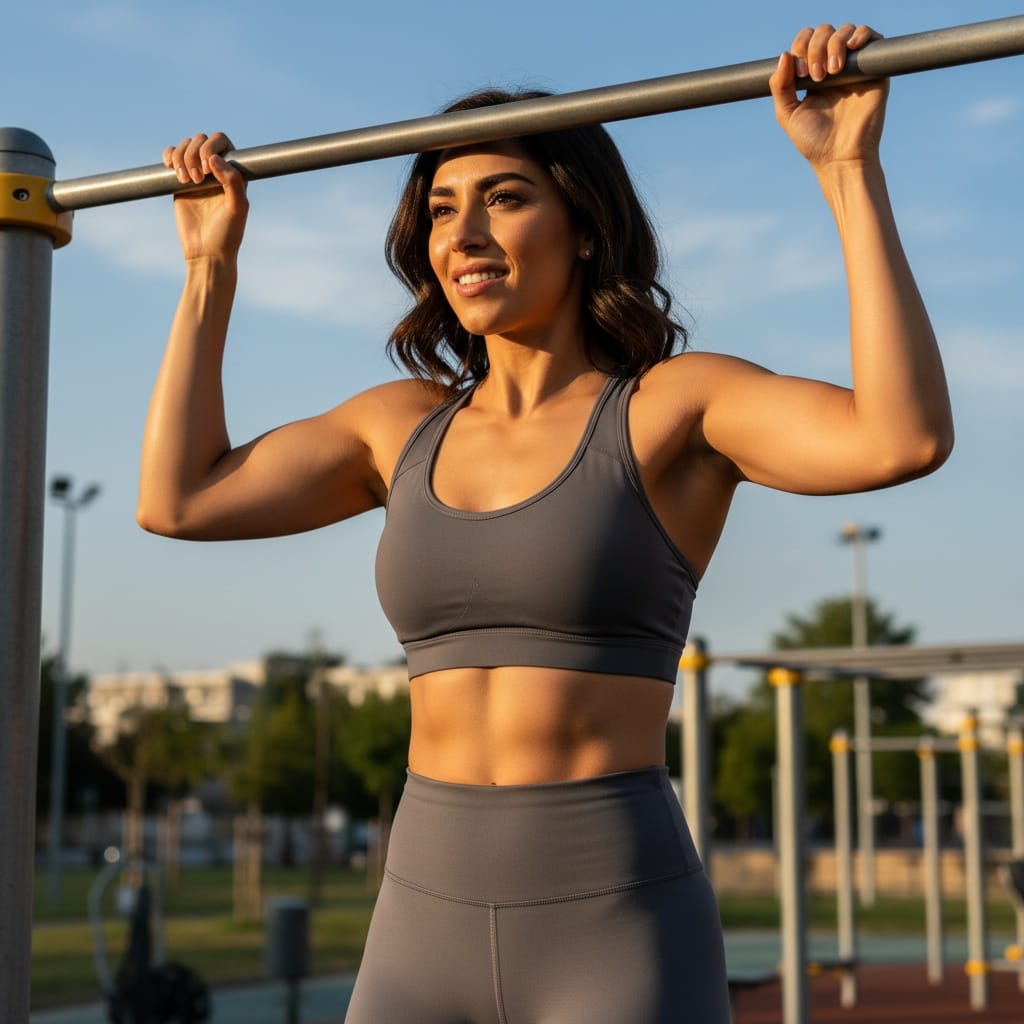 athletic middle_eastern woman outdoor calisthenics pullup 41912162