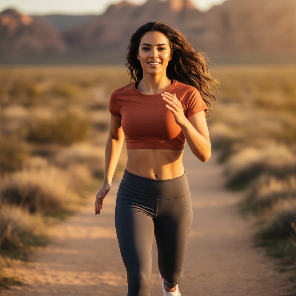 athletic middle_eastern woman outdoor running golden hour 46677627