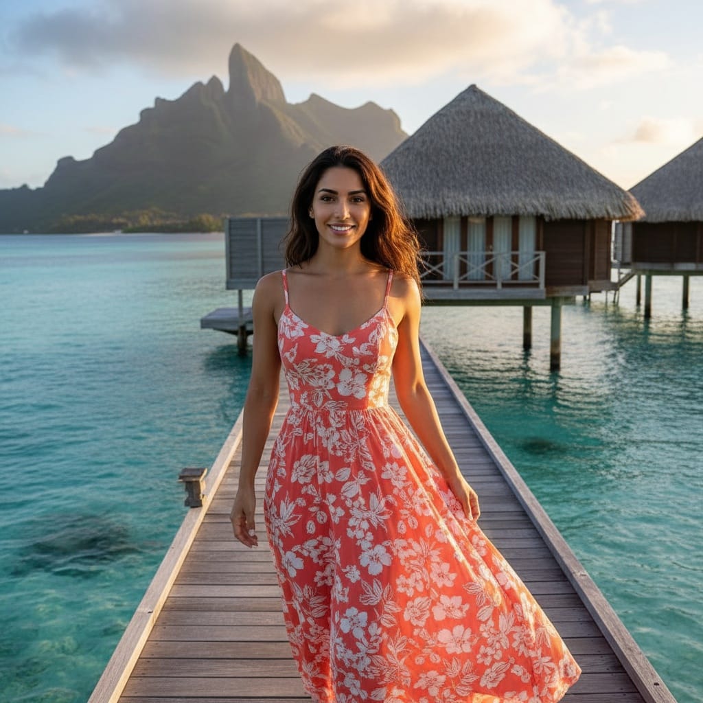 athletic middle_eastern woman overwater bungalow exterior 92185902