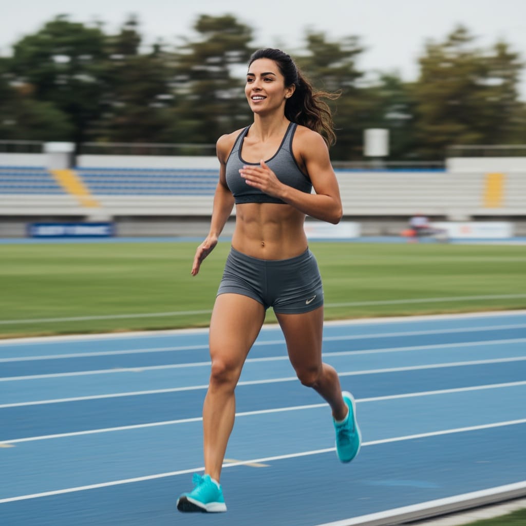 athletic middle_eastern woman running track outdoor action 48437847