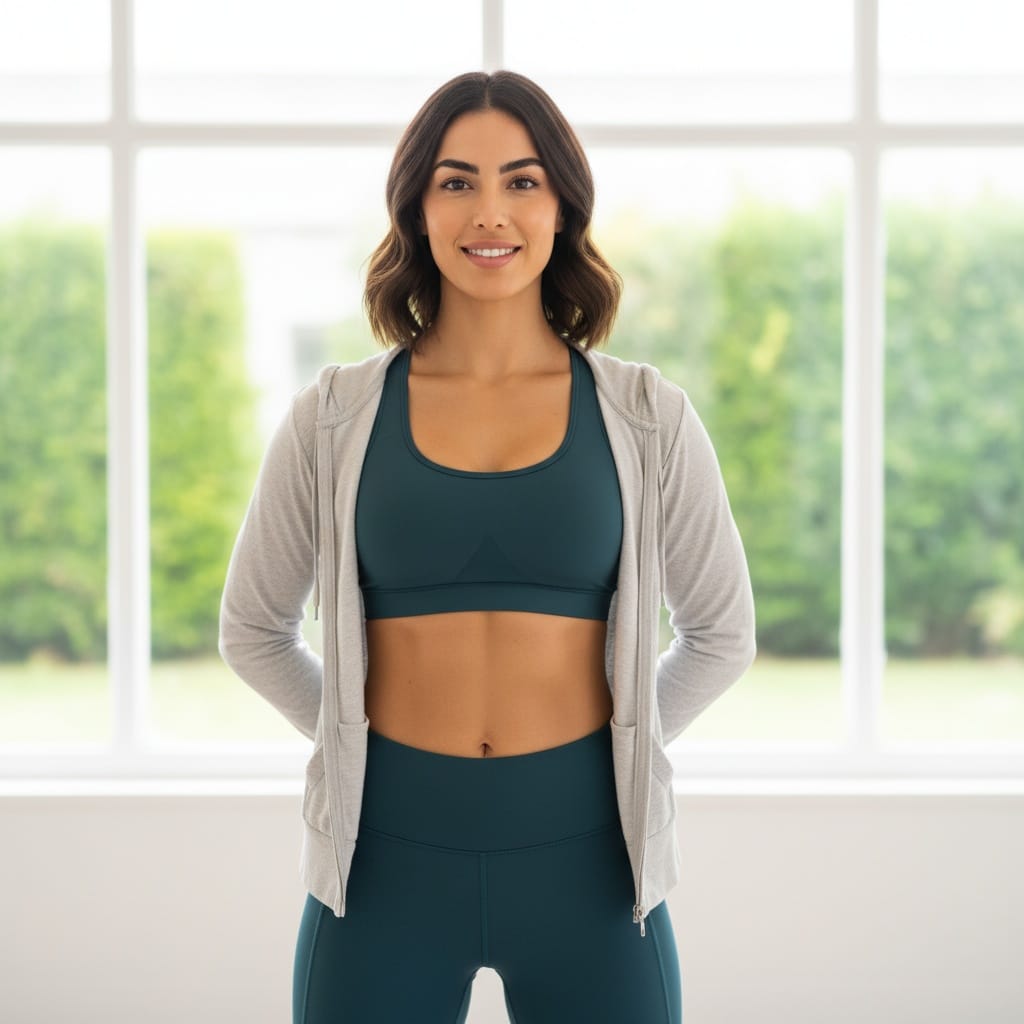 athletic middle_eastern woman stretching cool down serene 94292969