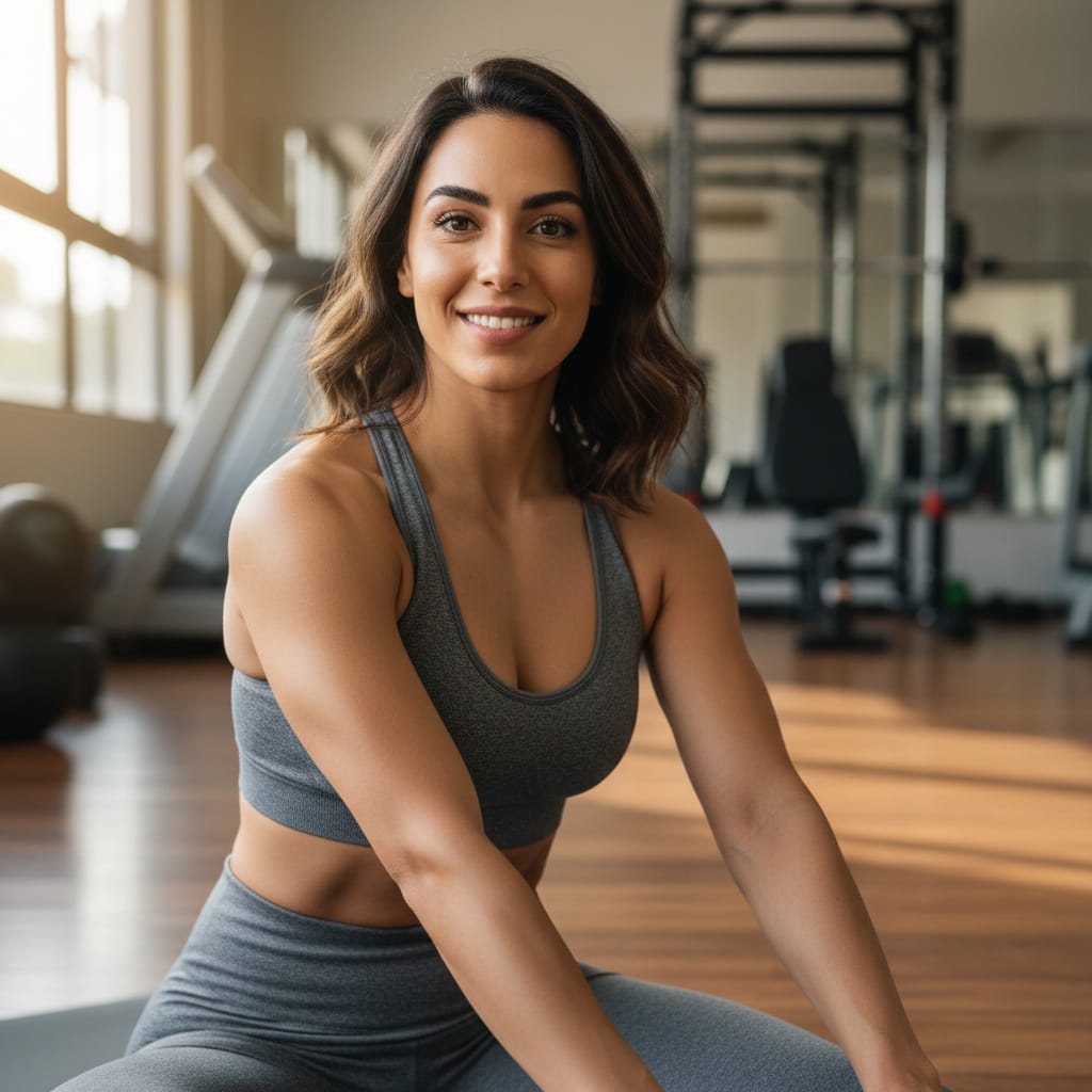 athletic middle_eastern woman stretching cooldown floor 96837198