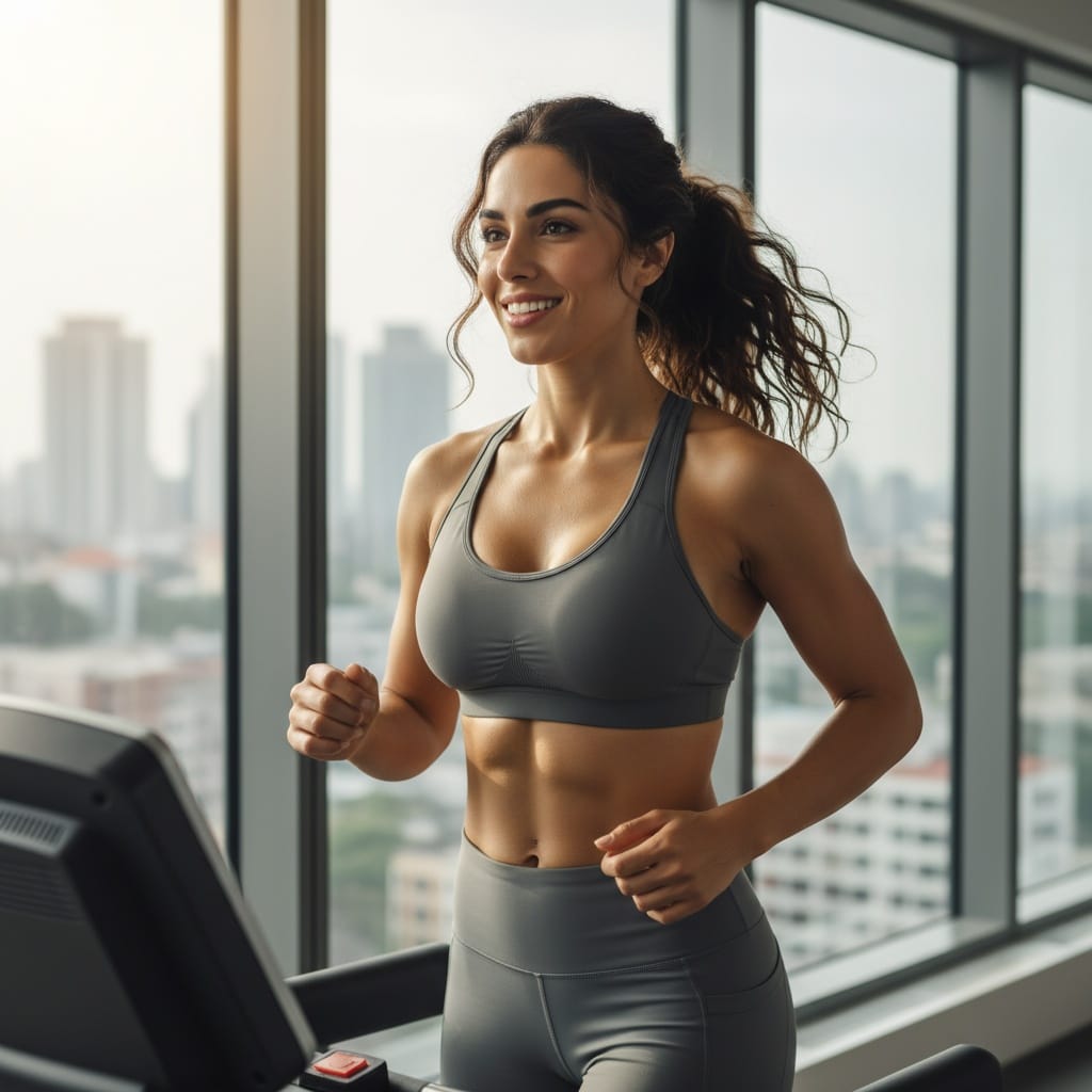 athletic middle_eastern woman treadmill cardio action 98427560