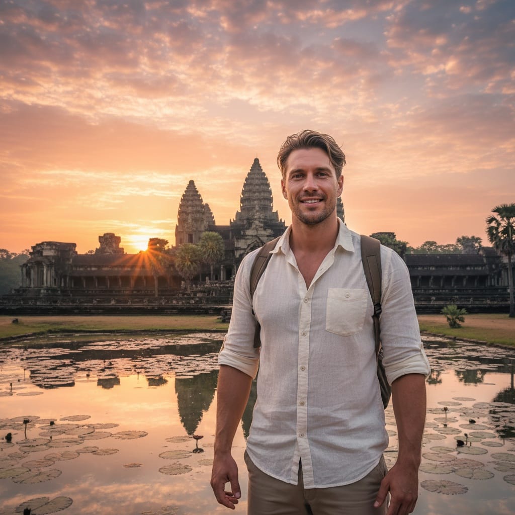 athletic white man angkor wat sunrise temple entrance 38541946