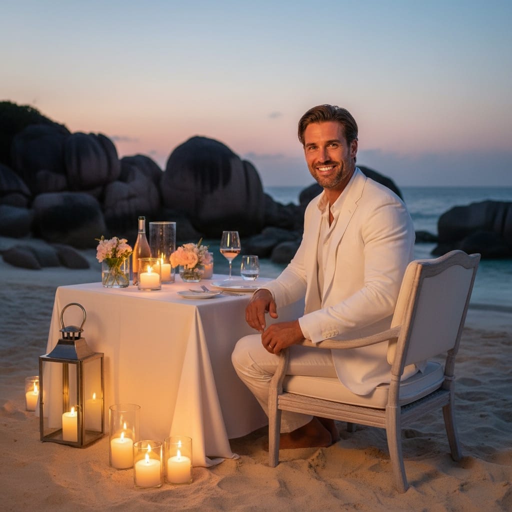 athletic white man beachfront fine dining candlelight 50747510