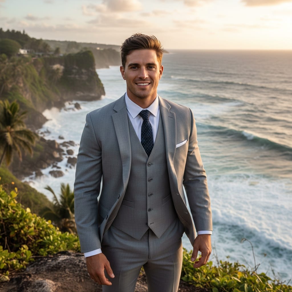 athletic white man oceanfront cliff dramatic portrait 79544481