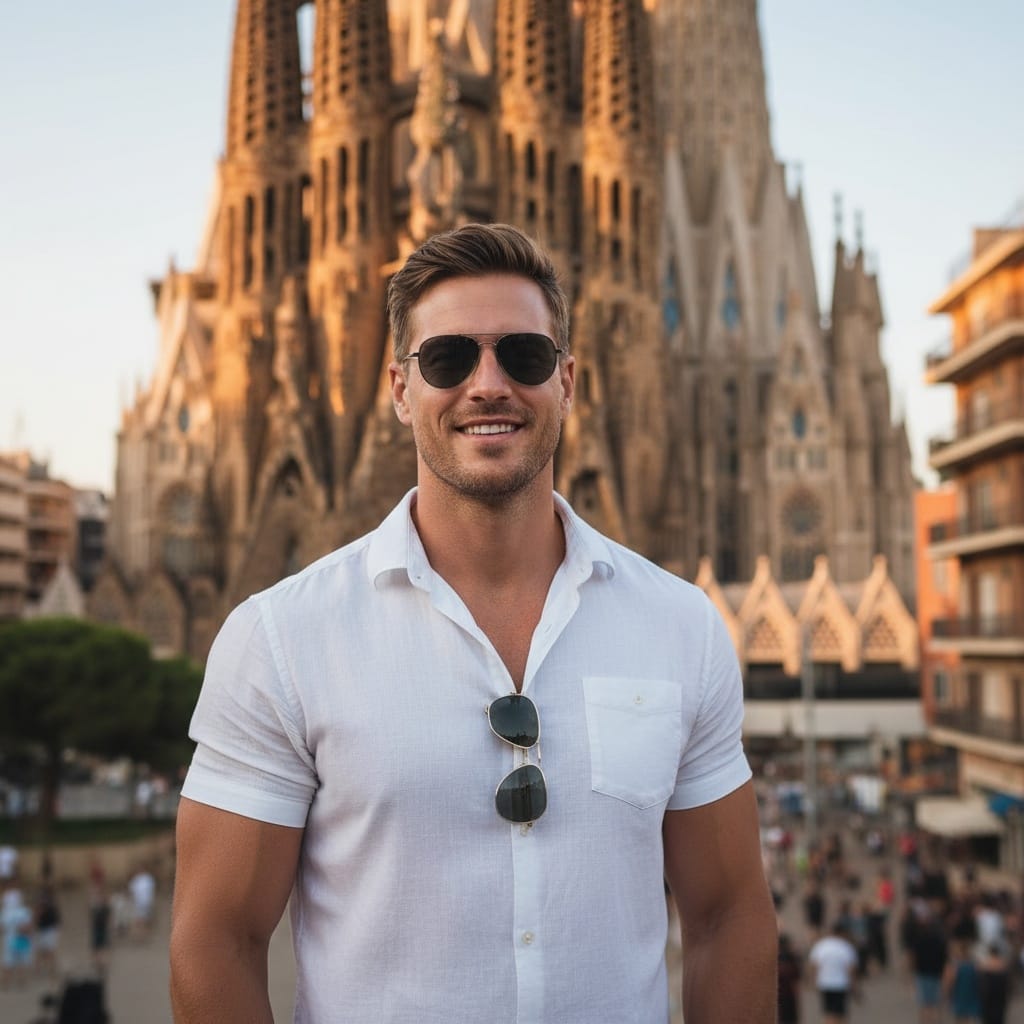 athletic white man sagrada familia exterior portrait 57969733