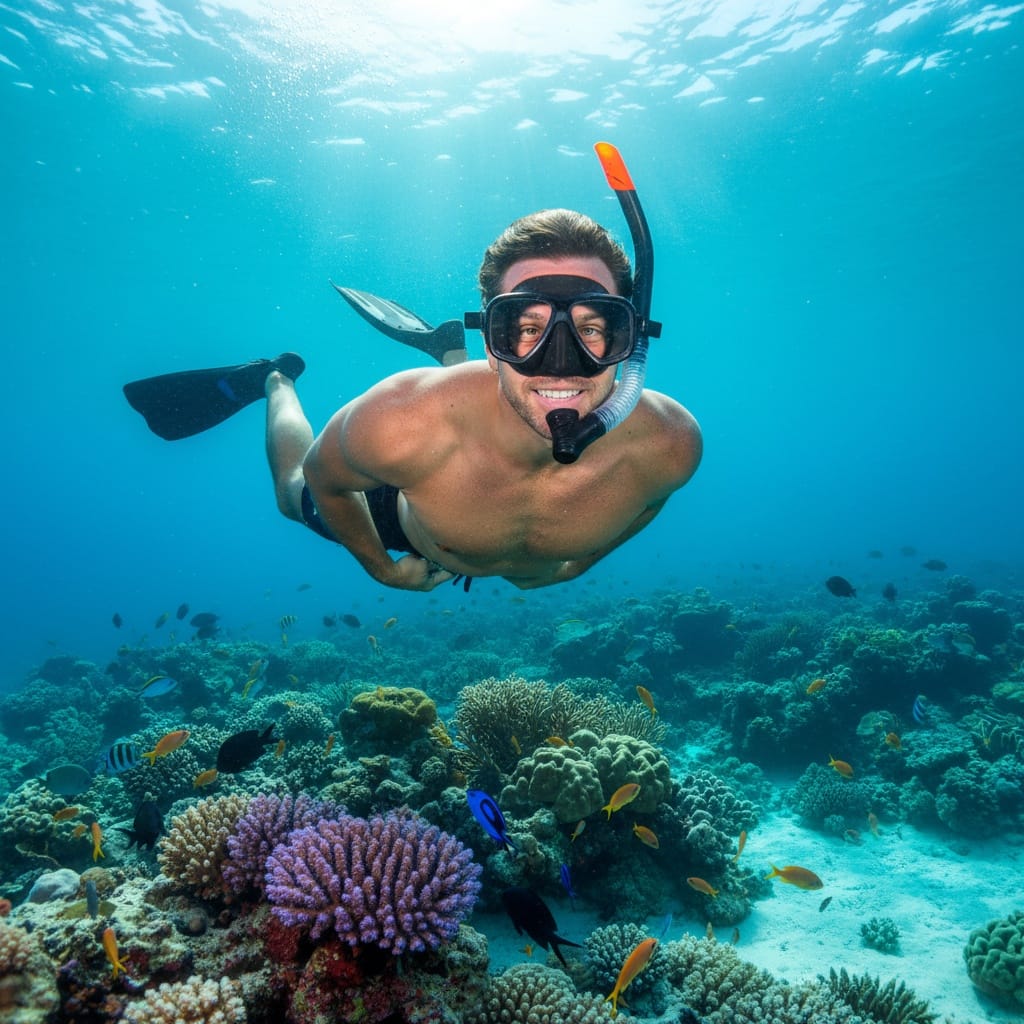 athletic white man underwater snorkeling crystal waters 95559780