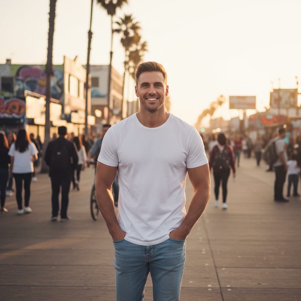 athletic white man venice beach boardwalk golden hour 97447154