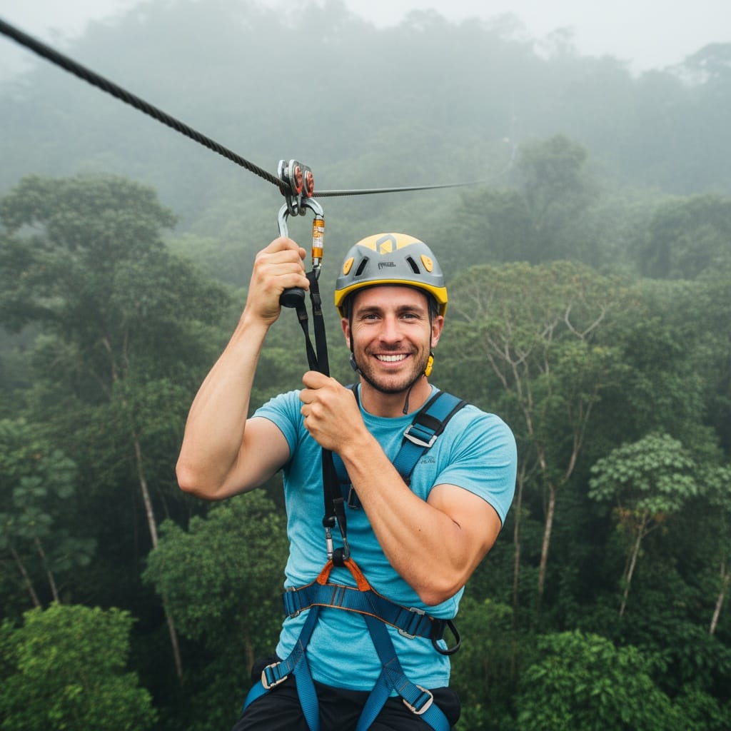 athletic white man zip lining through rainforest canopy 94457337