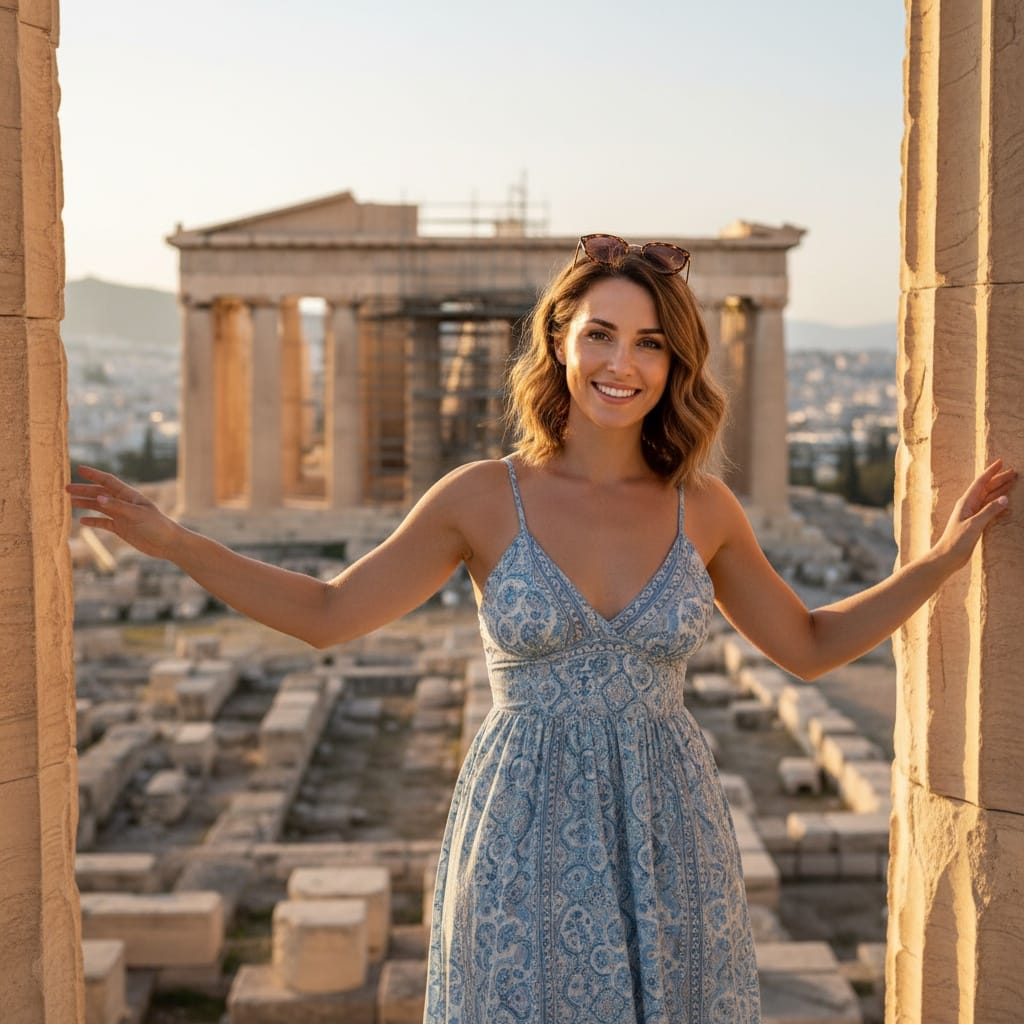 athletic white woman acropolis parthenon golden hour 95958753