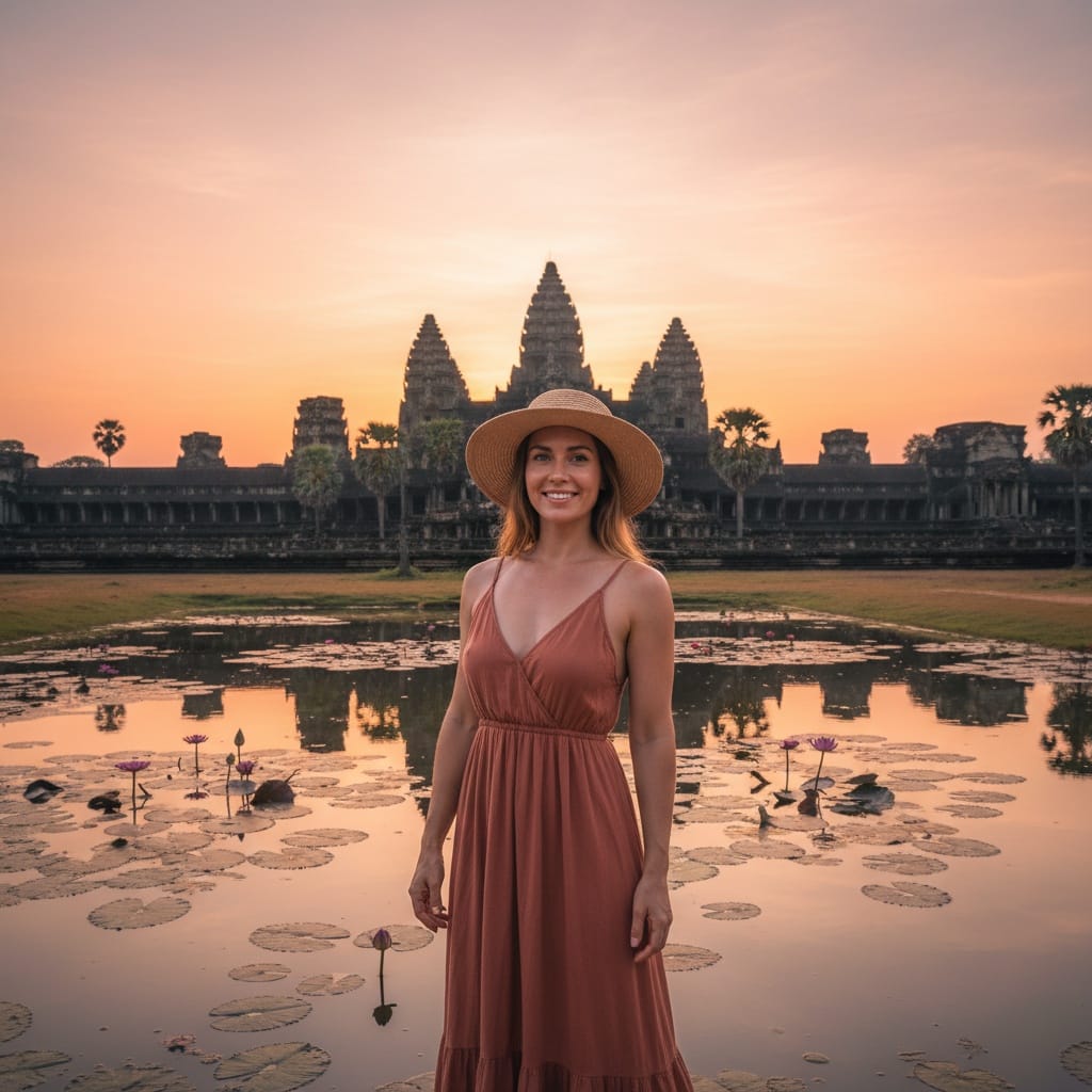 athletic white woman angkor wat sunrise temple entrance 72322663