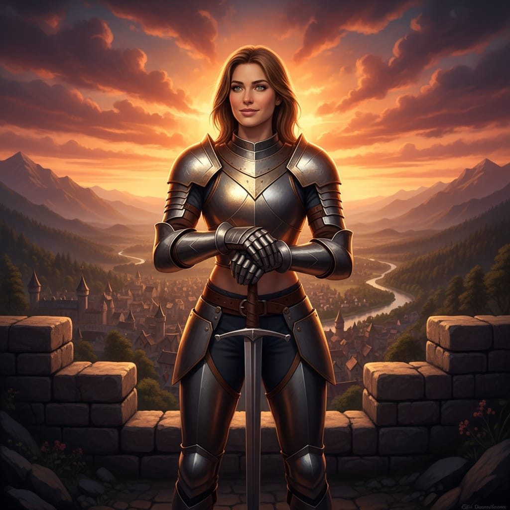 athletic white woman battlements overlooking kingdom 25828173