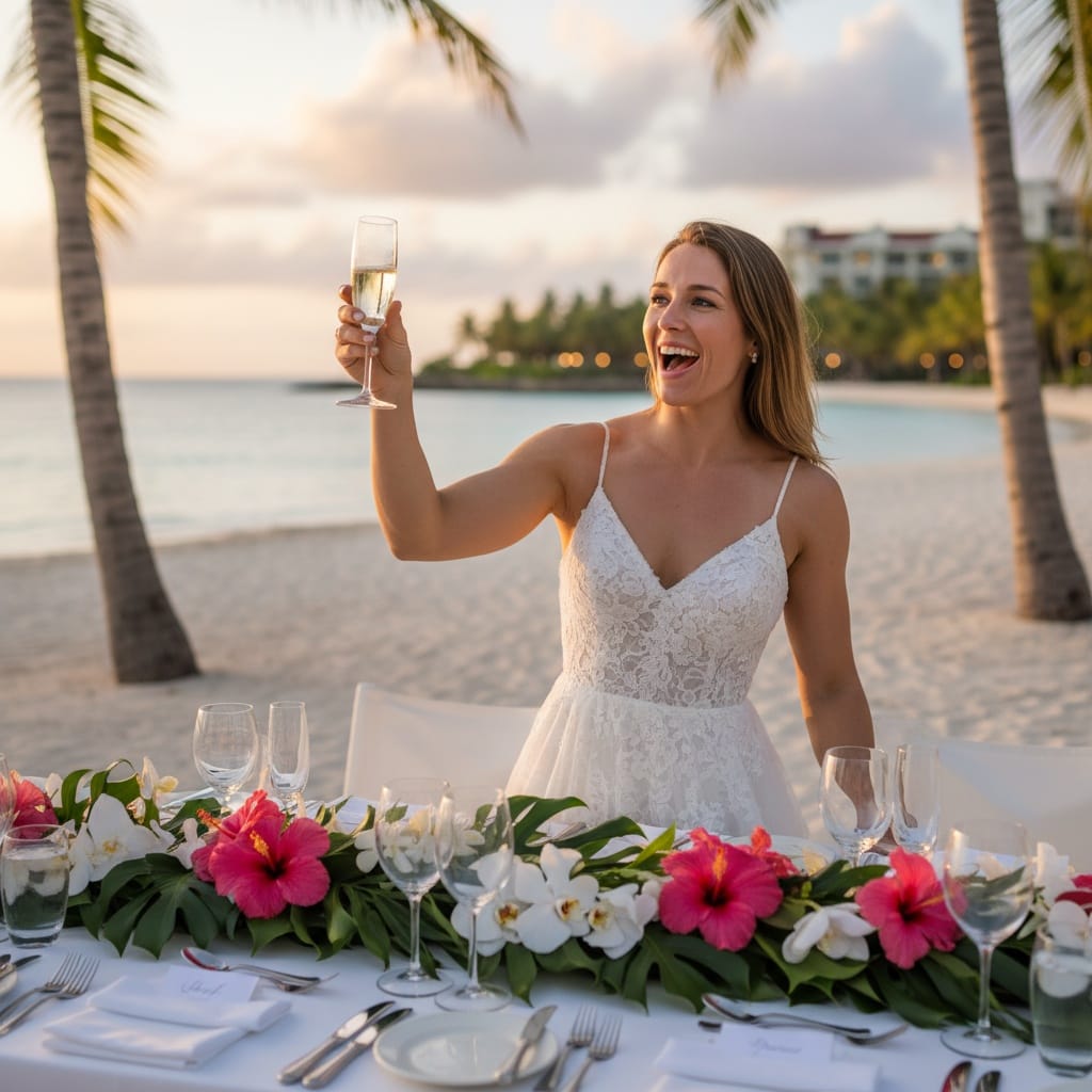 athletic white woman beachfront champagne celebration 60509555