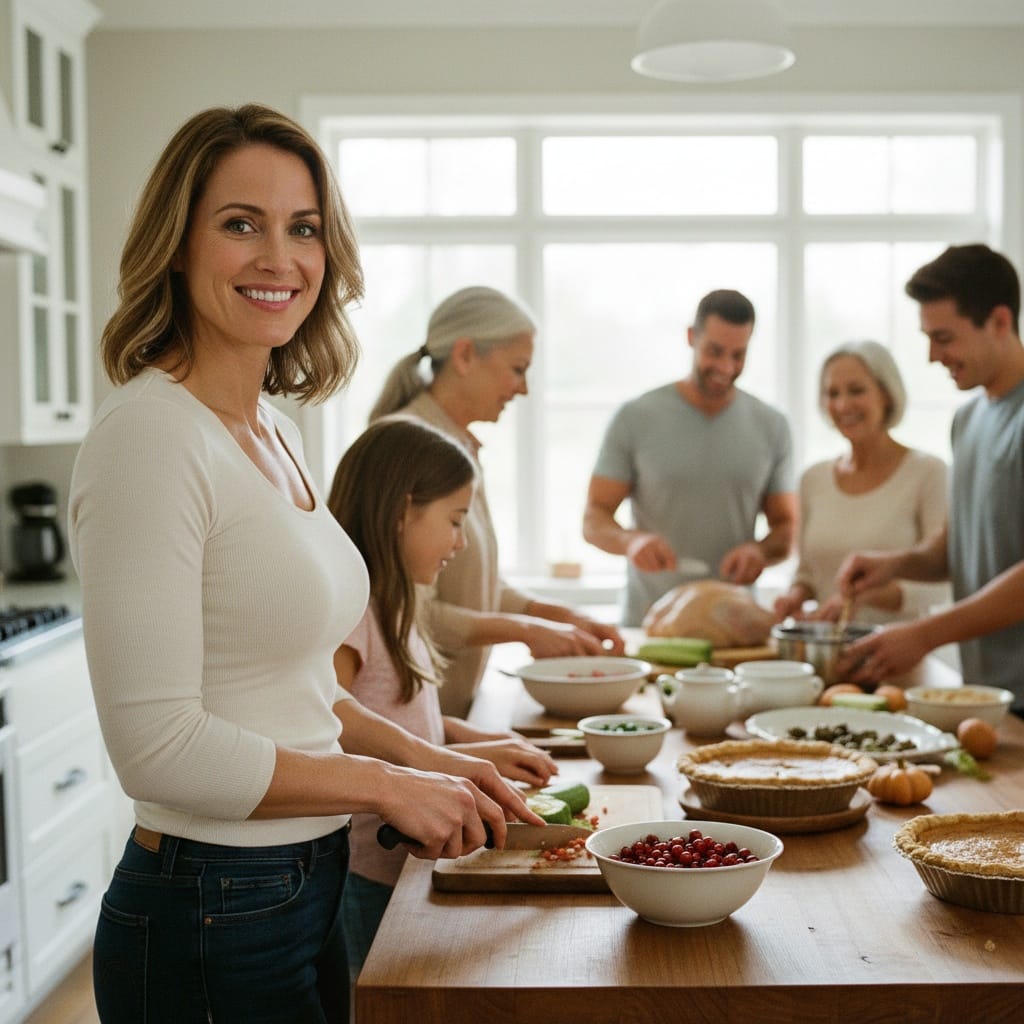 athletic white woman candid thanksgiving preparations 83889025
