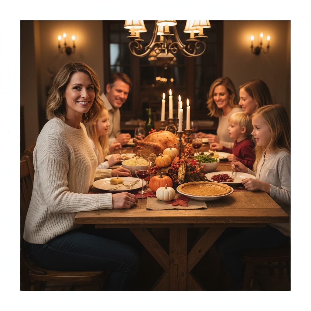 athletic white woman dining table thanksgiving dinner 70506868