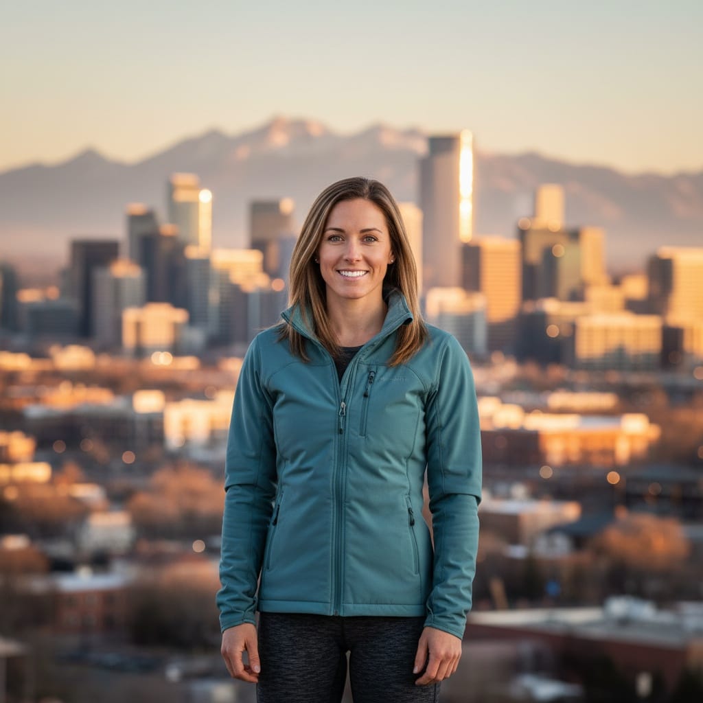 athletic white woman downtown denver skyline backdrop 21633097