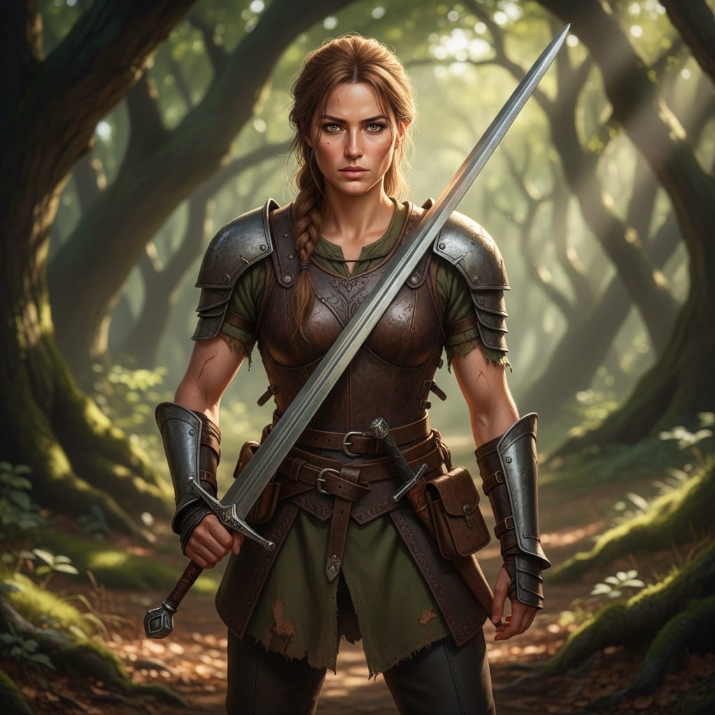 athletic white woman medieval warrior forest clearing 25680771