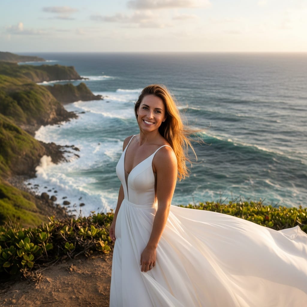athletic white woman oceanfront cliff dramatic portrait 71052929