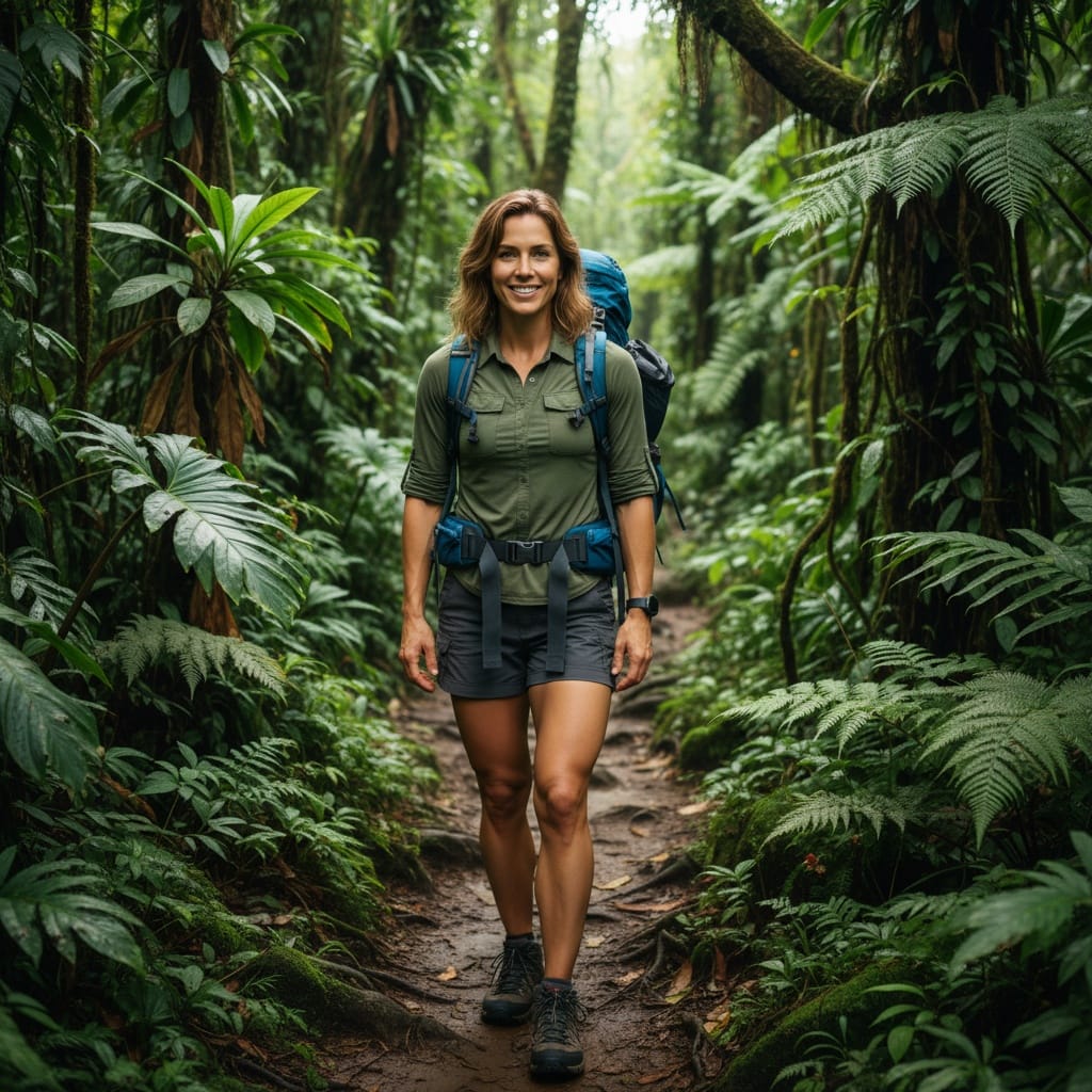 athletic white woman rainforest hiking trail portrait 11093618