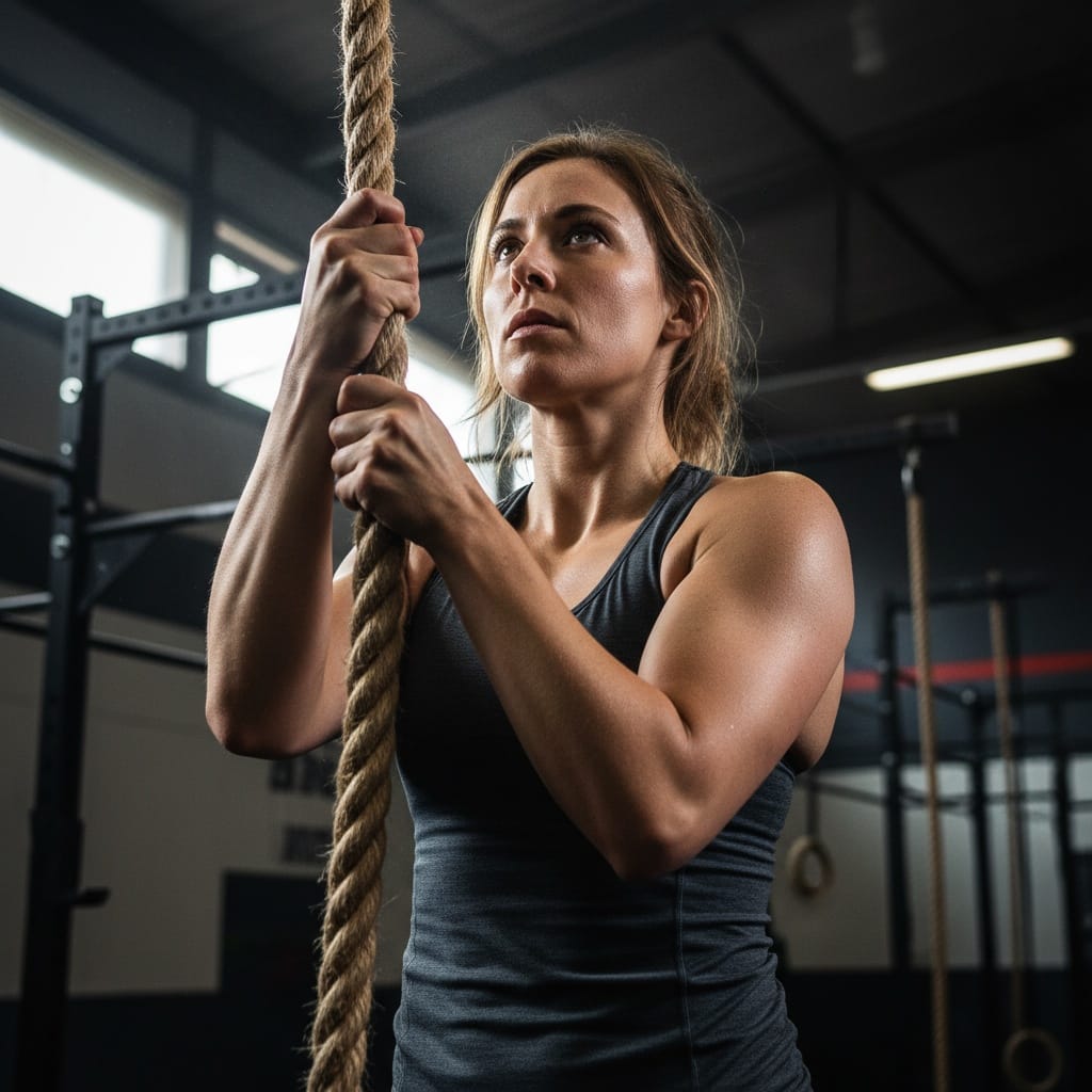 athletic white woman rope climb gritty determination 23192293