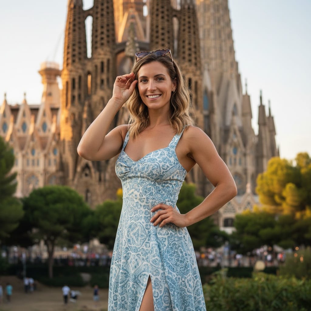 athletic white woman sagrada familia exterior portrait 48297537