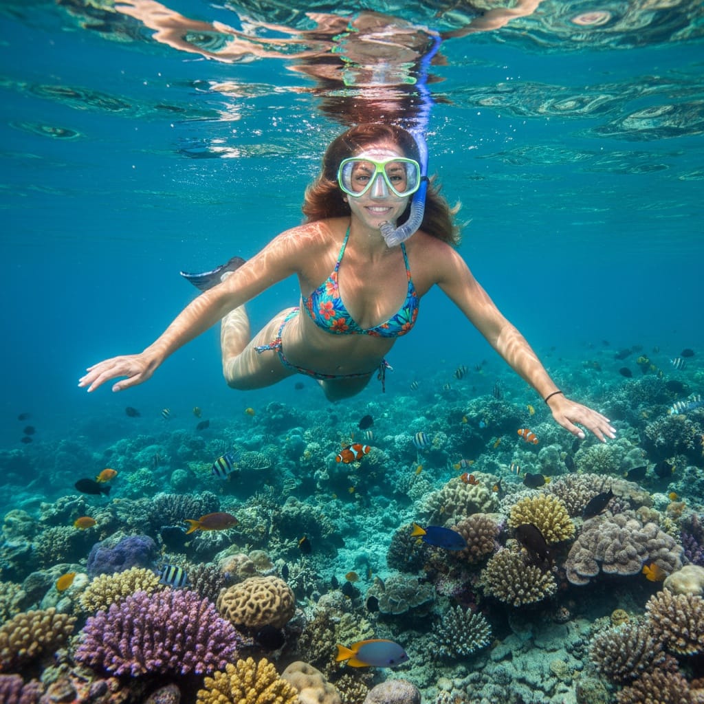 athletic white woman snorkeling adventure underwater 69541528