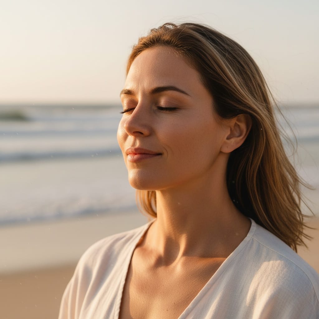 athletic white woman sunset beach meditation closeup 43036387