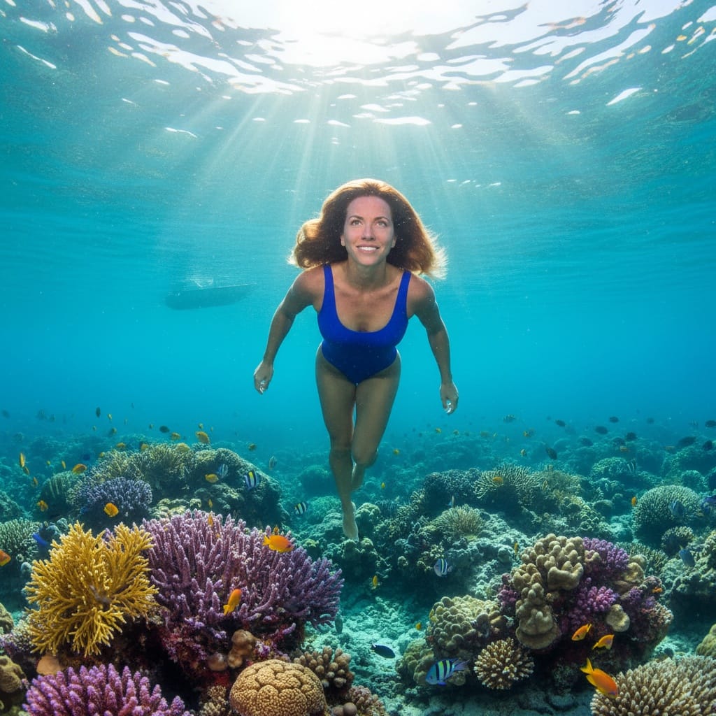 athletic white woman underwater coral snorkeling view 47417534