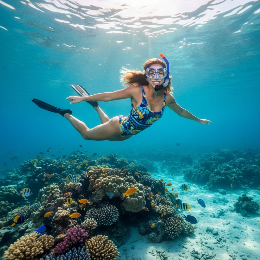 athletic white woman underwater snorkeling crystal waters 87008076