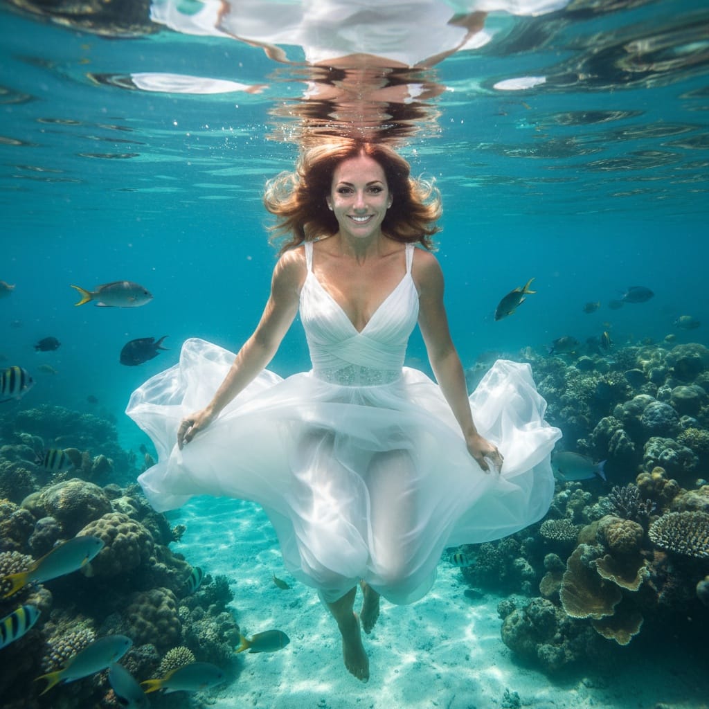 athletic white woman underwater tropical wedding shot 24233033