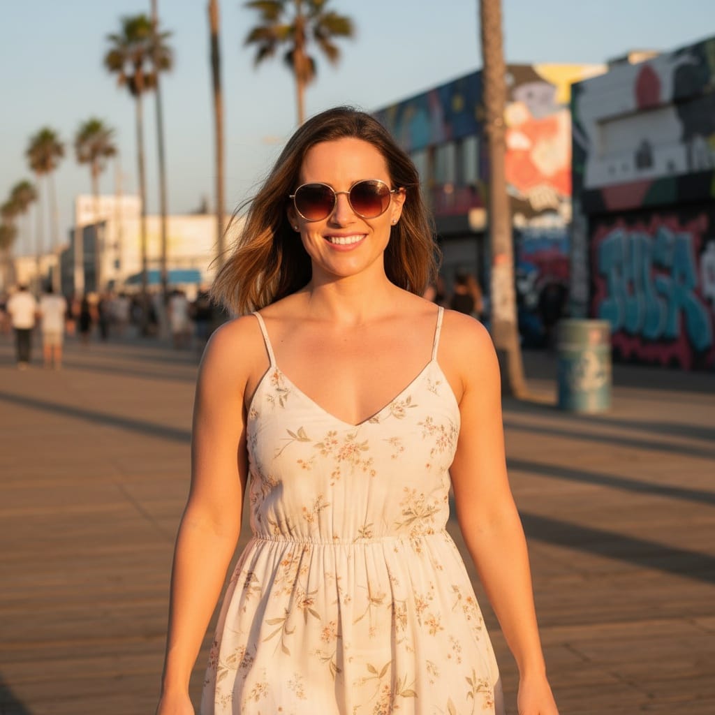 athletic white woman venice beach boardwalk golden hour 87373091