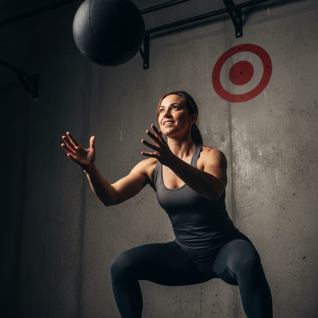 athletic white woman wall ball throw explosive energy 58853794