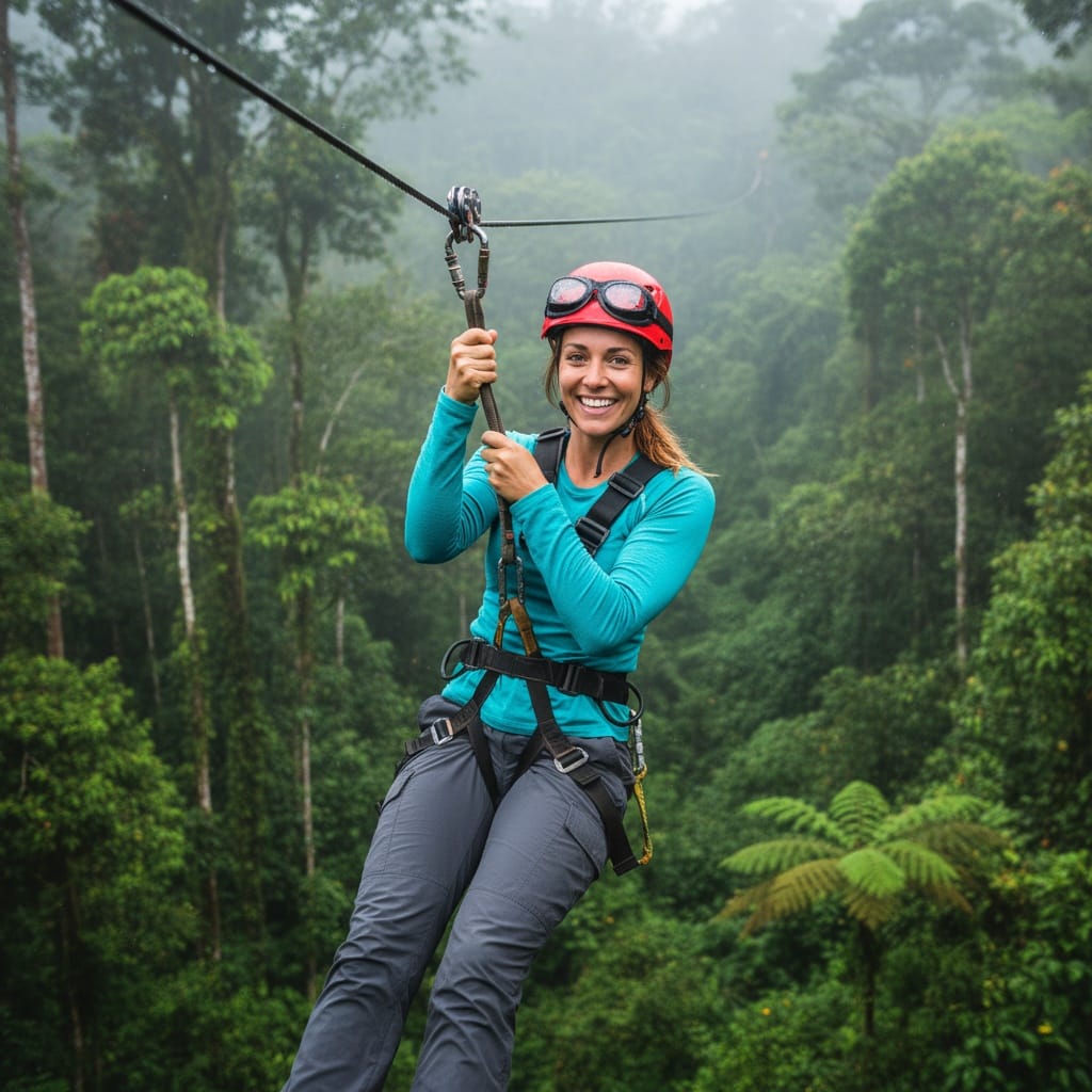 athletic white woman zip lining through rainforest canopy 28460936