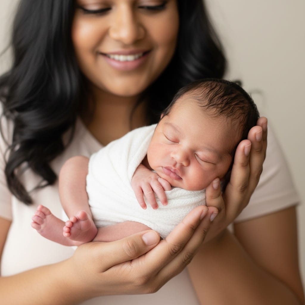 curve indian woman newborn close up with parent hands 13325300