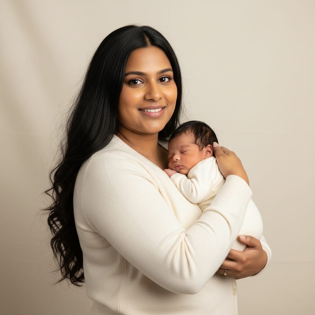 curve indian woman newborn in arms standing portrait 74917638