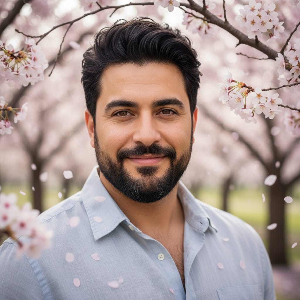 curve middle_eastern man cherry blossom portrait soft focus 54602047