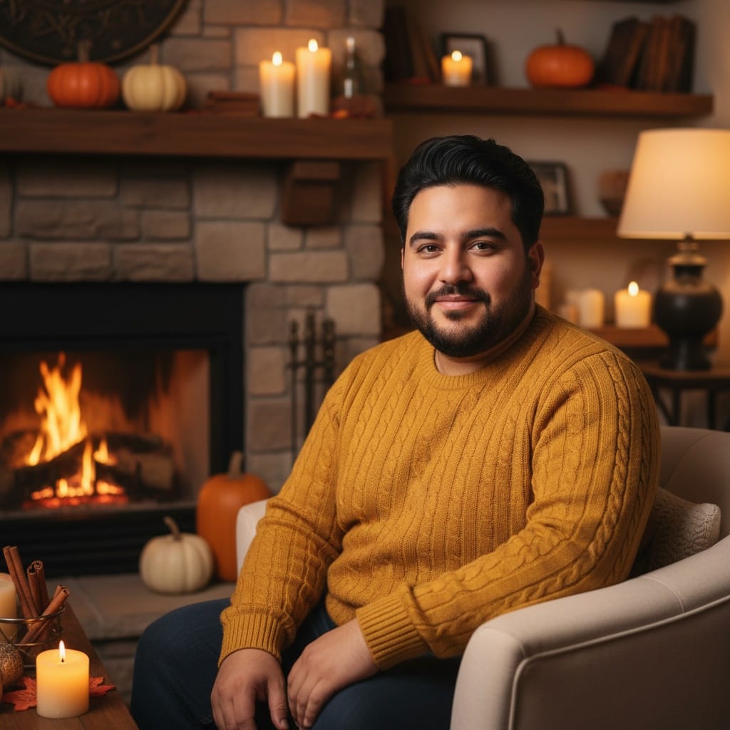 curve middle_eastern man cozy fireplace thanksgiving 49573464