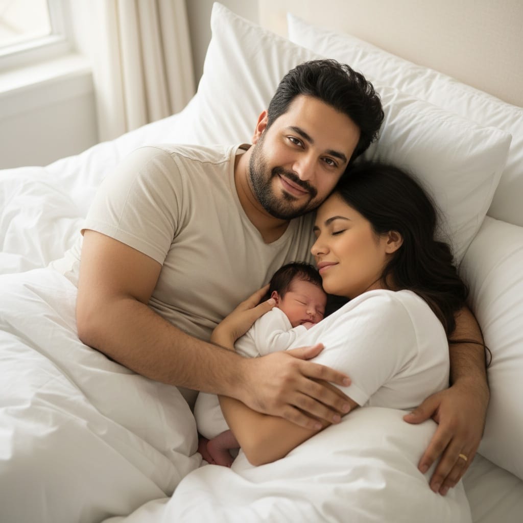 curve middle_eastern man family on bed natural light 25620950